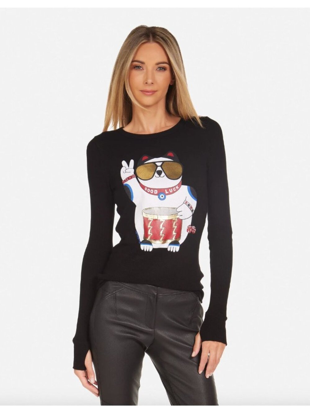 Lauren Moshi McKinley Lucky Cat Thermal Long Sleeve Tee Black Womens Size XS